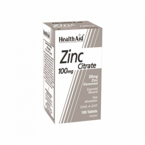 Health Aid Zinc Citrate 100mg Συμπλήρωμα Διατροφής με Ψευδάργυρο για τη Φυσιολογική Λειτουργία του Ανοσοποιητικού, την Καλή Υγεία Δέρματος & Αναπαραγωγικού, 100 ταμπλέτες
